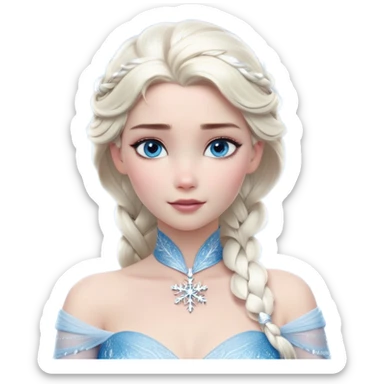 Cinematic Realistic Elsa Portrait, depicted with lifelike skin texture, soft natural lighting, and intricately detailed platinum blonde hair styled elegantly. Her striking, expressive blue eyes exude confidence and grace, complemented by a serene and regal expression. She holds a shimmering snowflake delicately in one hand, her other hand resting against her gown, embodying the power and beauty of winter. She is dressed in her signature icy attire, with shimmering fabric textures and delicate folds that catch the light beautifully. The portrait features a soft, enchanting glow with a cool, radiant finish, capturing the essence of timeless elegance in a realistic and painterly style. sticker