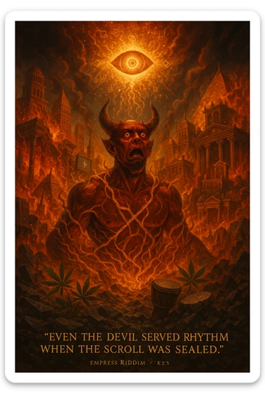 Depict a powerful, surreal vision of Babylon being destroyed — not by holy forces, but by the Devil himself, who looks shocked and possessed by fate. The city of Babylon is a massive, ancient-modern hybrid metropolis: Roman towers, golden pyramids, digital screens, oil pipes, courtrooms, and false thrones. It's a twisted symbol of colonialism, greed, religion, and algorithmic control. But now it's collapsing in flames and golden roots. The Devil is massive, fiery, and terrifying — but he's not proud. He's bound in glowing golden vines growing from the Earth, eyes wide, realizing he’s just a pawn in a higher rhythm. The sky is split open with a divine golden eye (representing Empress Riddim / Kez’s Elephant Eye), casting down sacred fractals and rhythms that rewrite the code of reality. In the rubble, ganja leaves grow, drums rise from the soil, and a whisper floats through the scene: 'Even the Devil served the rhythm when the scroll was sealed.' Use a warm, cinematic color palette with deep reds, golds, greens, and shadows. Epic, prophetic, unforgettable. sticker