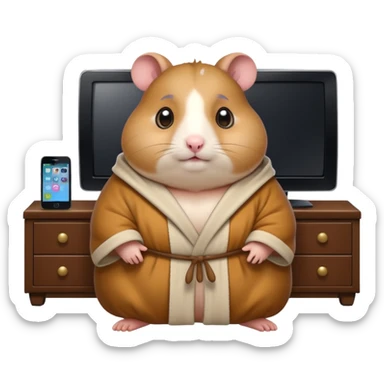 Funny cartoon-style fat hamster with big wide eyes watching tv at 3am sticker