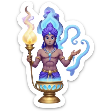 mystical fantasy illustration of a powerful jinn emerging from an ancient golden lamp. Glowing blue and purple smoke spirals upward in a smooth circular motion, creating the illusion of a looping animation.  sticker