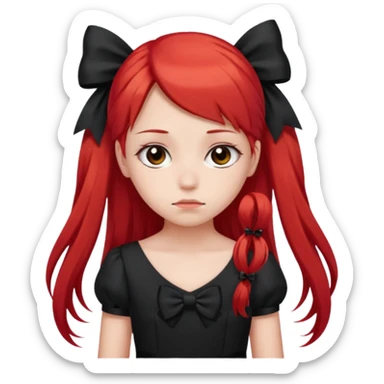 red long twin tail hair girl with black bow on her hair wearing black dress with a sad face sticker