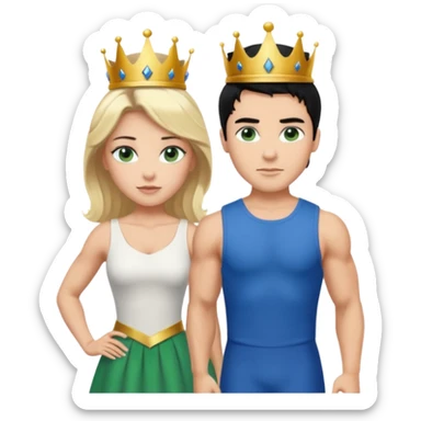Prince with crown, black hair, body, legst, blue eyes, woman blonde hair, green eyes, sexy white short sleveless dress,  sticker
