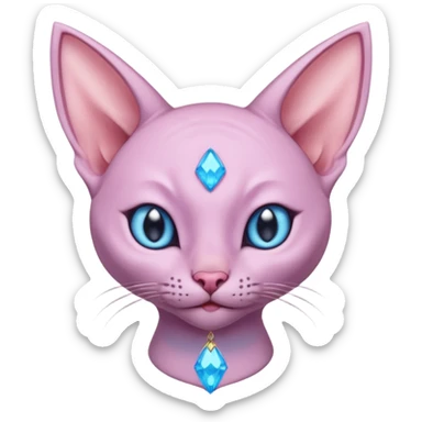 Light purple hairless cat like  body, pink gem middle of forehead, big pointy ears blue inside, ear like flaps coming out of both cheeks, end of tail split in two (full body) sticker