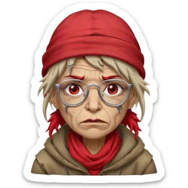 very dirty looking homeless woman with ripped red hat with ugly hair and broken glassess sticker