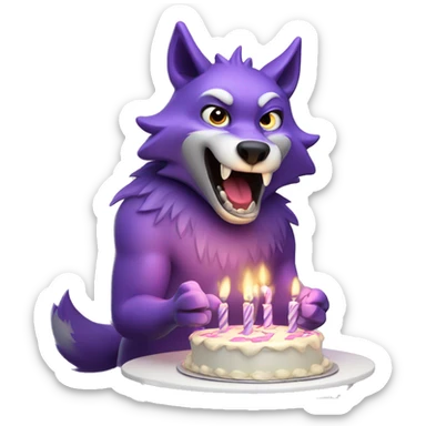 Purple, anthropomorphic wolf blowing out birthday candles sticker
