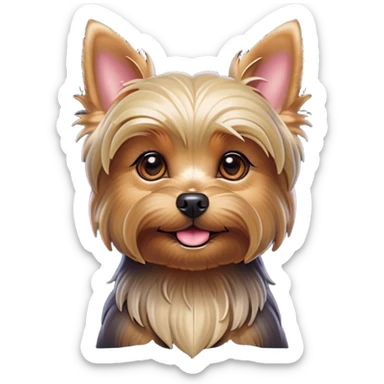 Cinematic Cute Yorkshire Terrier Portrait Emoji, Head perked with bright, twinkling eyes and a perky expression, showcasing a soft, silky fur in rich hues, simplified yet adorably detailed, glowing with a cheerful, inviting glow, high shine, exuding playful intelligence and spunky charm, styled with a gentle, whimsical outline, capturing the essence of a cute Yorkshire Terrier that appears ready to frolic off the screen with irresistible energy! sticker