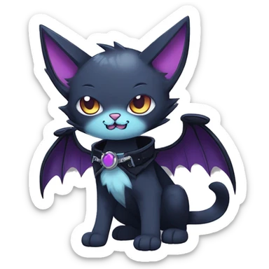   cool edgy kawaii anime-style ethereal dark-punk-themed animal vampiric cat-hybrid Fakemon with fangs and bat-wing-ears with a collar full body sticker