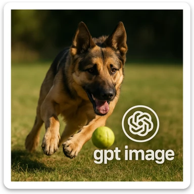  logo with text "gpt image" on the background of a dog chasing ball, realistic image sticker