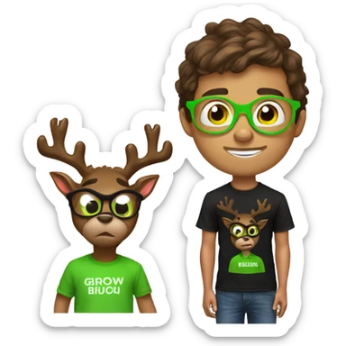 brown haired boy with reindeer glasses and grinch t-shirt sticker