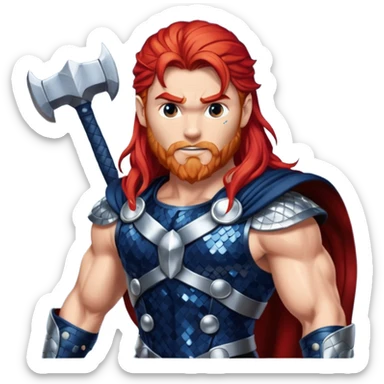Thor, God of Thunder from Gods and Goddesses with long red hair, dark blue and silver sequin outfit sticker