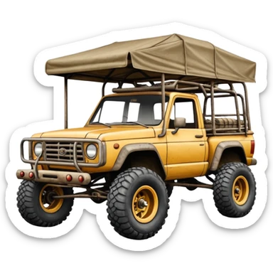 Off road Race truck whose frame and detailed suspension is made of shopping cart material with padded roll cage, roof rack, and antique style handmade bodywork (survivalist style) sticker