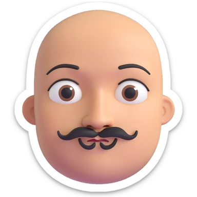 Bald man with smooth oval head, indigenous facial features, 37 years old, with only a mustache and thin beard connecting chin to lips, memoji style sticker