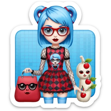 Ghoulia yelps monster high doll in scene/emo style cherry print dress with fishnet sleeves, clothes, thin, small, red, rectangle glasses, pale white-blue skin, pixie-cut sticker