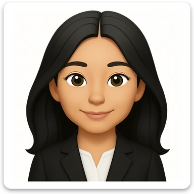 Change the girl's outfit to a more professional look suitable for a marketing coordinator, such as a blazer or smart blouse, keeping the olive brown complexion, long black hair, brown eyes, and closed-mouth smile in emoji style sticker