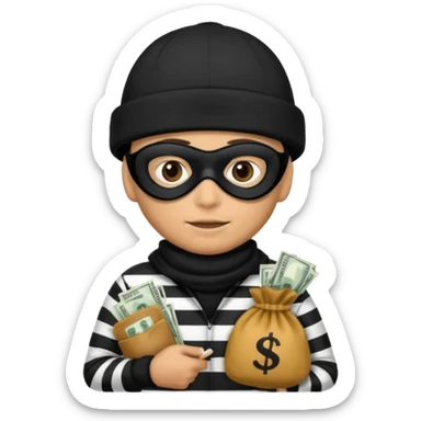 A emoji of a person wearing a black and white robber outfit and a black winter hat and a black mask and a Money Bag sticker