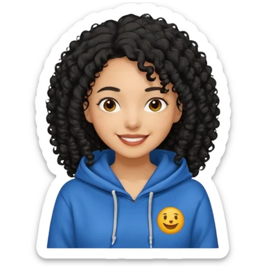 A women with a black curly hair who wear a hoodie and that hoodie have a some smorf sticker