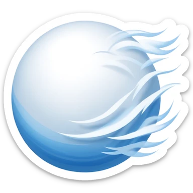 powdery snowball in flight trailing smooth white and blue wind streaks, soft and cold, minimal iOS emoji style, soft shadows, highlights sticker