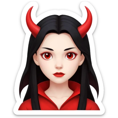 Head only demon girl; face with pronounced cheekbones and angular jaw; skin is uniform pure red (#FF0000) everywhere; long straight smooth black hair; small horns sticker