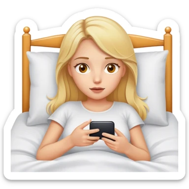 chica blanca, rubia, ojos color miel, usando el celular en la cama  sticker