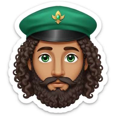 Hyper realistic man, emerald eyes, long curly hair with a cap, long well-groomed beard, dark skin, full lips, beautiful nose, Armenian Spanish descent sticker