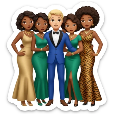 one american italian brunette young man surrounded by three african women with large butts hugging him and each other and grabbing his crotch (emphasis sticker
