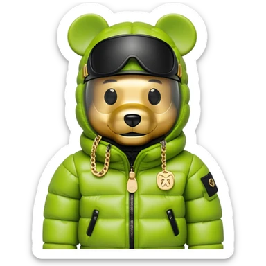 bearbrick in lime balaclava with logos where eye section is a single continuous dark visor lens integrated directly into the mask fabric, not additional eyewear, luxury puffy jacket with fur, gold chains sticker