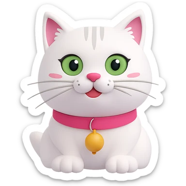 Edit the image of a white cat with a pink collar and a yellow bell on the collar. Change the cat's eyes to green. Remove the background so it is transparent. Maintain the style and details of the original image. sticker