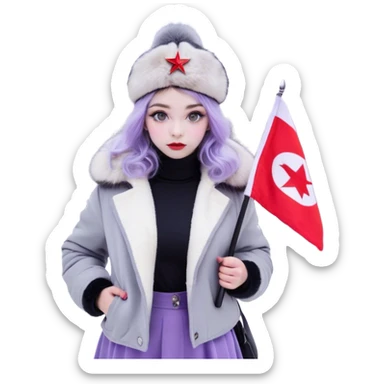 Russian Girl with lavender hair faded black in the bottom + wavy hair
white ushanka +Soviet pin
light grey jacket with light purple fur
grey skirt
dark grey leggings
light grey boots with light purple fur
grey eyes
snow white color skin
holding a Russian flag
is in Moscow Russia sticker