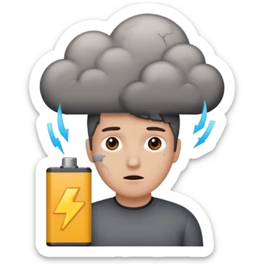  battery with no energy and cracks on it and a gray cloud abouve the head sticker