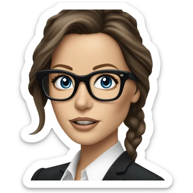 Hyper Realistic photo Kate Beckinsale blue eyes wearing glasses in a business meeting black dress sticker