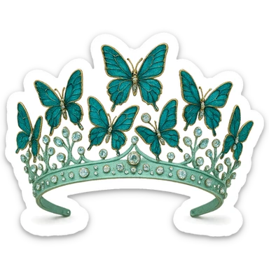 butterfly crown with a mint green base, butterflies in teal and aqua enamel, sparkling gems, transparent background sticker
