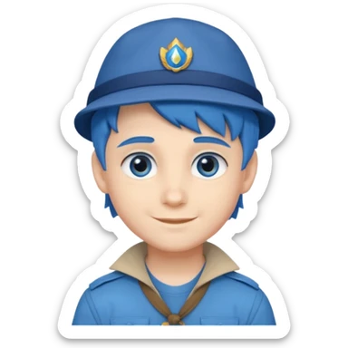 very handsome boy big blue eyes, scout boy with, blue hair and hat sticker