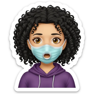 a pretty tan bratz girl with black curly hair. no makeup, looking sick, wearing a mask, coughing sticker