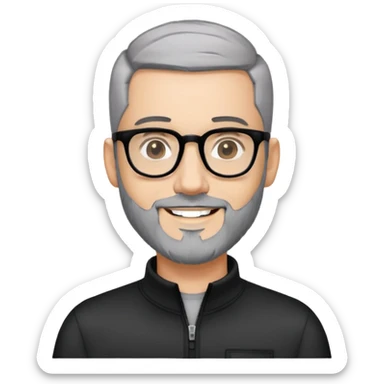 Man with light skin, black hair in near-buzz cut style (very minimal length), short peppered gray beard, large black-framed glasses, smiling face, black zip-neck long sleeve shirt sticker