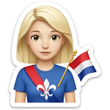 White woman with blonde hair holding a French flag in hand with a fleur-de-lily t-shirt sticker