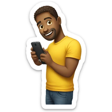 a man with a phone in his hand and a yellow t-shirt sticker