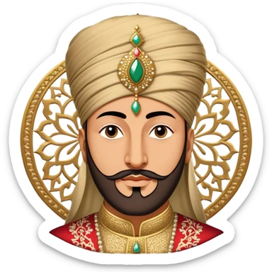Suleiman the Magnificent – Cinematic Realistic Portrait of Suleiman the Magnificent, depicted as a regal Ottoman sultan in luxurious traditional attire with intricate patterns and a golden turban, his commanding gaze illuminated by warm, historic lighting, exuding majestic authority and timeless grandeur. sticker