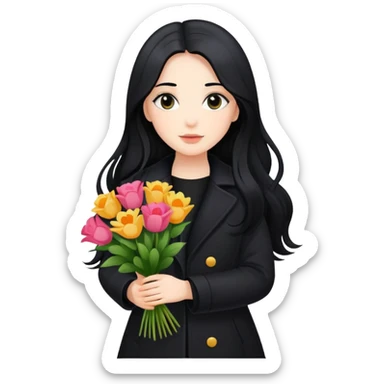 beautiful girl with long black hair wearing a black coat holding a bouquet of flowers sticker