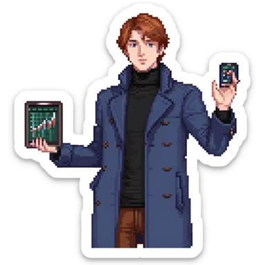 Flat pixel art, bold and charismatic male leader, Caucasian, short auburn hair, sharp eyes, wearing indigo coat over black turtleneck, one arm raised giving direction, holding tablet with graphs, waist-up, front-facing sticker