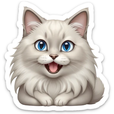 Cinematic Adorable Fluffy Light Grey Mantle Ragdoll Cat Portrait Emoji, Head tilted cutely with big, sparkling blue eyes, soft light grey fur with darker points on the ears, face, and paws, Simplified yet irresistibly adorable features, highly detailed, glowing with a soft, warm glow, high shine, yawning in a peaceful and playful manner, stylized with a touch of whimsy, bright and endearing, soft glowing outline, capturing the essence of a relaxed and loving kitten, so cute it feels like it could leap out of the screen and stretch into a cozy nap! sticker