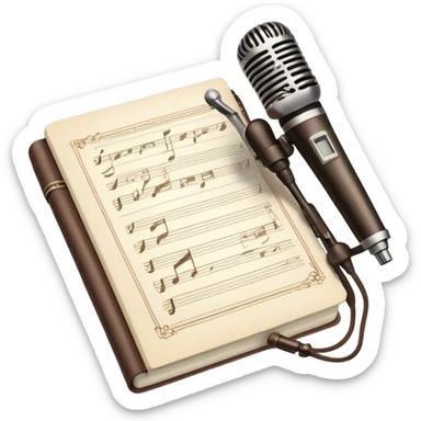 Create an emoji representing songwriting. The design should feature an open notebook or sheet music with visible lyrics and musical notes, symbolizing the process of writing song lyrics. A pen or pencil should be placed near the notebook, indicating active writing. Optionally, include a vintage microphone or a quill to add a creative touch. Use a harmonious color palette with warm and neutral tones. Do not include any emojis or smiley faces. Make the background transparent. sticker