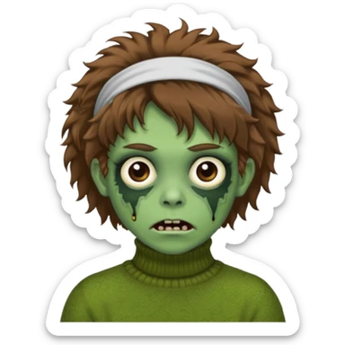 brown fluffy haired green zombie with turtleneck sweater and hair band sticker