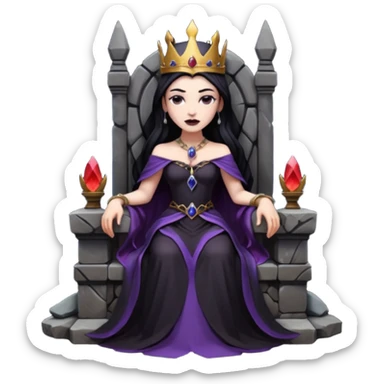 Dark queen seated on stone throne, relaxed dominance, heavy shadows, cold sticker
