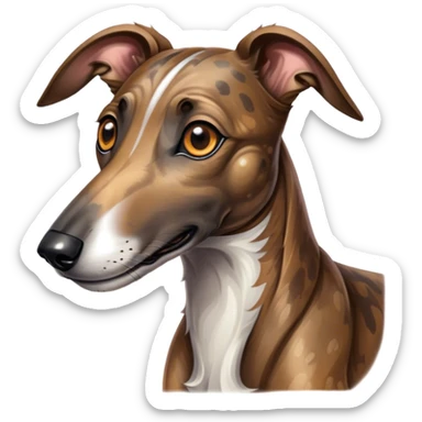 Cinematic Cute Brindle Greyhound Portrait Emoji, Head tilted playfully and inquisitively, featuring a sleek brindle Fur with subtle variations and round, sparkling eyes filled with curiosity, Simplified yet irresistibly adorable features, highly detailed, glowing with a warm, friendly glow, high shine, affectionate and nimble, stylized with a touch of whimsy, bright and endearing, soft glowing outline, capturing the essence of a mischievous yet loving companion, so playful it feels like it could sprint out of the screen and into your arms! sticker