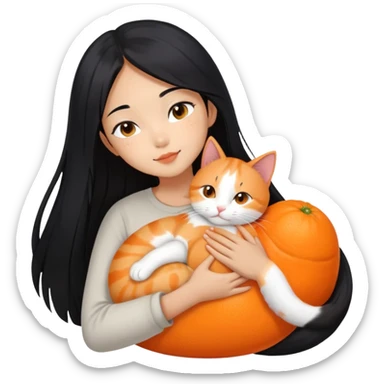 Oriental Asian girl with long black hair snuggling with an orange and white cat, cat is mostly white with orange patches, the girl is holding the cat lovingly sticker