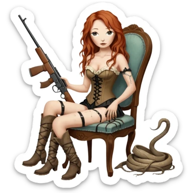 realistic cinematic Tori Amos sits on a rocking chair in a torn corset, holding an antique rifle and her bare feet are muddy. A white snake is wrapped around the chair. sticker