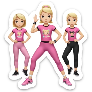 Hiphop dancer, with cute big pants, sneakers, and t-shirt. White girl blond. Coloufull shirt. No pocket pants. Dancing. Pink and black plain outfit. No sweatbands on the wrist, black music box behind her. Ballerina pose. with dancing kids behind her. With a music box sticker
