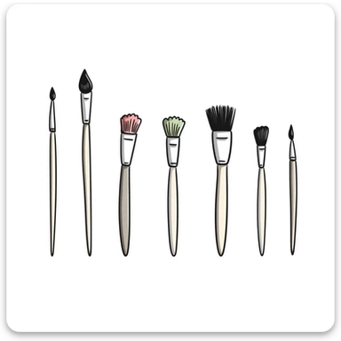 Set of artist paintbrushes in different sizes and shapes with wooden handles and colorful bristles. Using specific pastel colors (dd9fb0, ffc6d3, a3bfc9, c4bee2, f1b091). Hand-drawn doodle style with intricate details. Some brushes have paint on their tips. Transparent background. sticker
