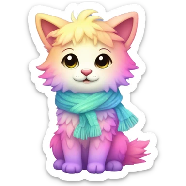 Edgy Kawaii cute gorgeous colorful sparkly bright light pastel gradient fantasy ethereal fluffy fursona animal creature with a cute scarf full body sticker