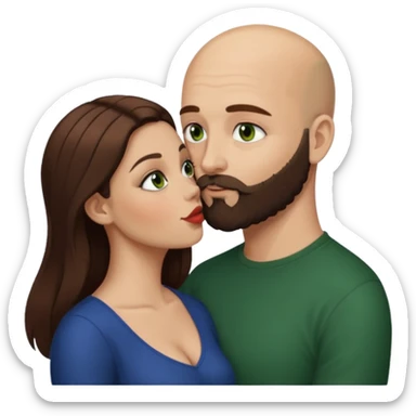 Man beard bald white dark green eyes, woman medium hair brown brown eyed latina kissing sticker
